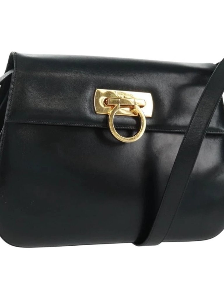 Salvatore Ferragamo Gancini Shoulder Bag Leather Black Gold